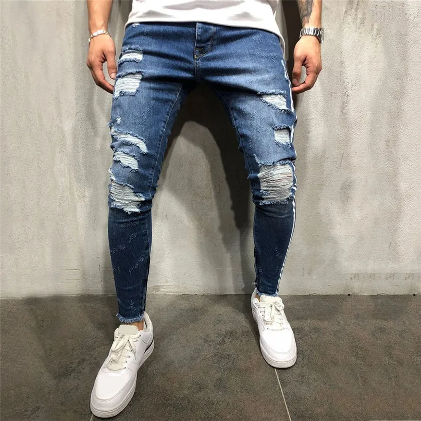 Мужские модные повседневные Прямые джинсы с дырками потертые рваные для мужчин