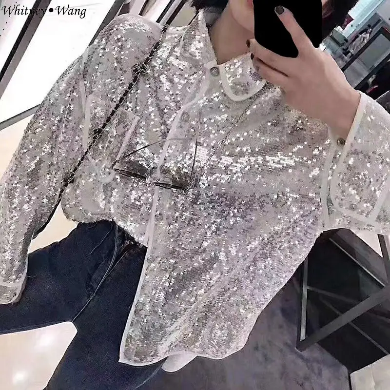 WHITNEY WANG блузки женские 2019 Осенняя мода уличная блуза с блестками оверсайз блузы