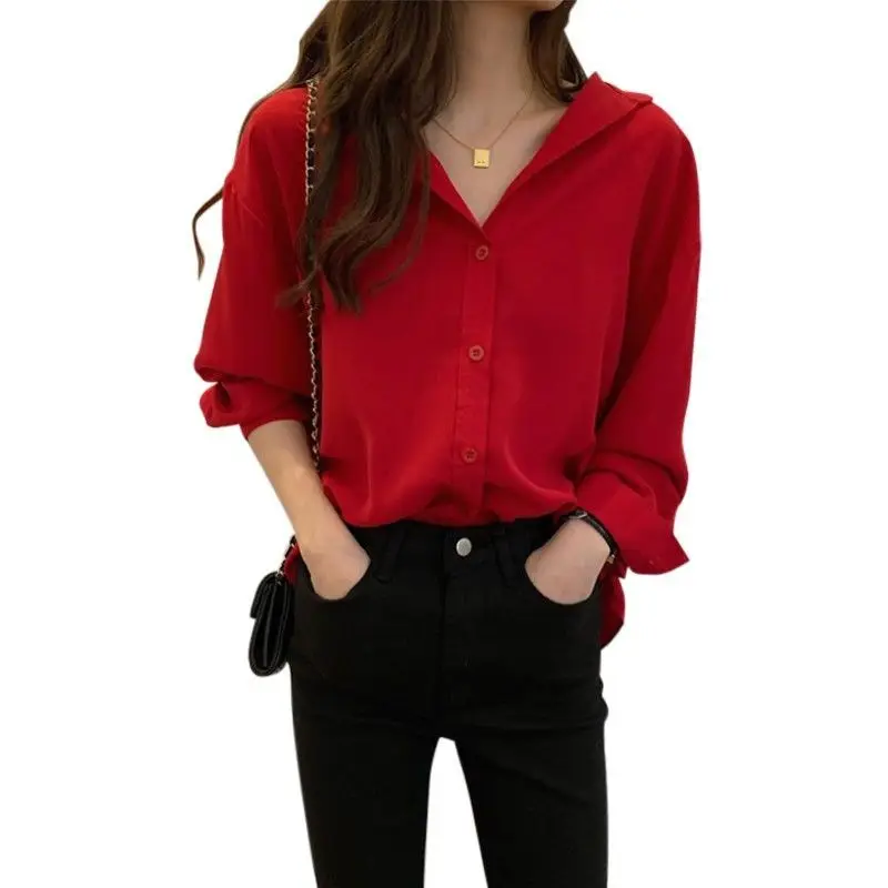 2021 New Women Spring Autumn Style Blouses Shirt Women V-Neck Red Color Shirts Vintage Women Blusas Tops High Quality 
2021 New Women Spring Autumn Style Blouses Shirt Women V-Neck Red Color Shirts Vintage Women Blusas Tops High Quality