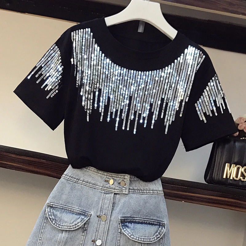 Women Summer Large Plus Size Matching Set Outfits Casual Sequin T-shirt Tops And Mini Denim Skirt Elegant Korea Two Pieces | Женская