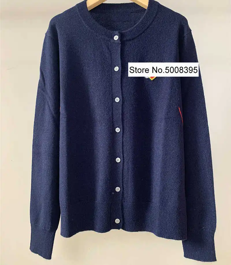 

100% Cashmere Cardigan Round Neck Button Front Heart Patch Embellished Long Sleeves Ribbed Hem Fashion Sweater