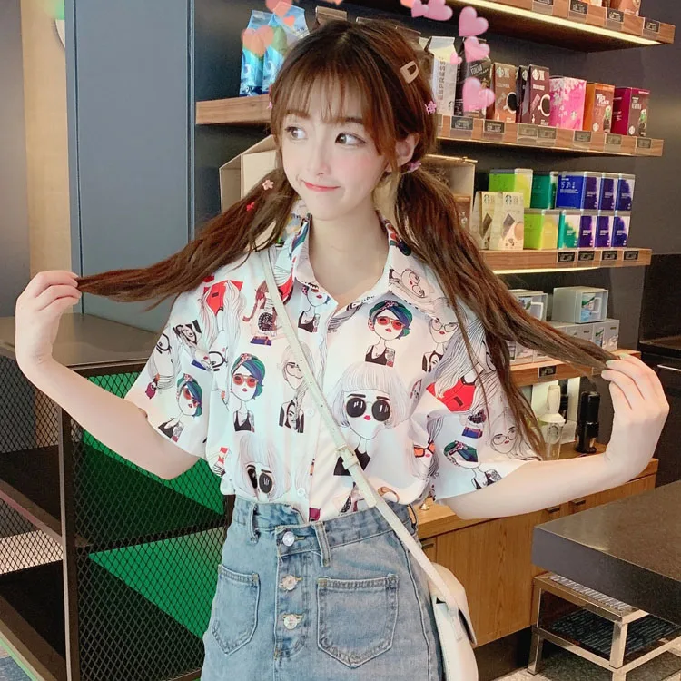 2020 Summer Korean Sweet Shirts Women Preppy Style Cartoon Printed Short Sleeve Loose Blusas Student Harajuku Fresh Blouse Tops
2020 Summer Korean Sweet Shirts Women Preppy Style Cartoon Printed Short Sleeve Loose Blusas Student Harajuku Fresh Blouse Tops