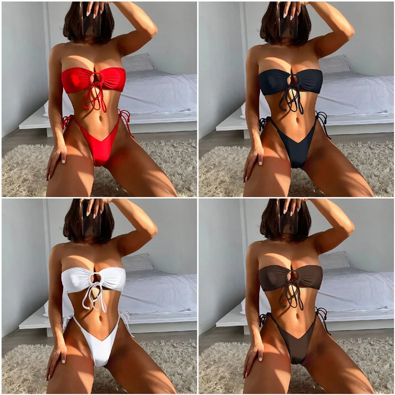 2 Pieces Swimwear Set, Female Solid Color Strapless Bikini Tops with Drawstring+ Strappy Panties for Summer
2 Pieces Swimwear Set, Female Solid Color Strapless Bikini Tops with Drawstring+ Strappy Panties for Summer