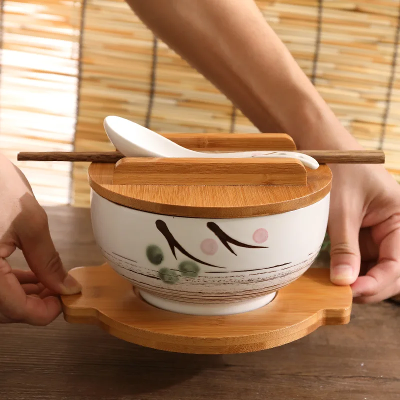 

Миска для лапши в японском стиле, кухонная посуда, Ретро керамическая миска для риса и салата с ложкой и палочкой, миска для супа, пищевой кон...