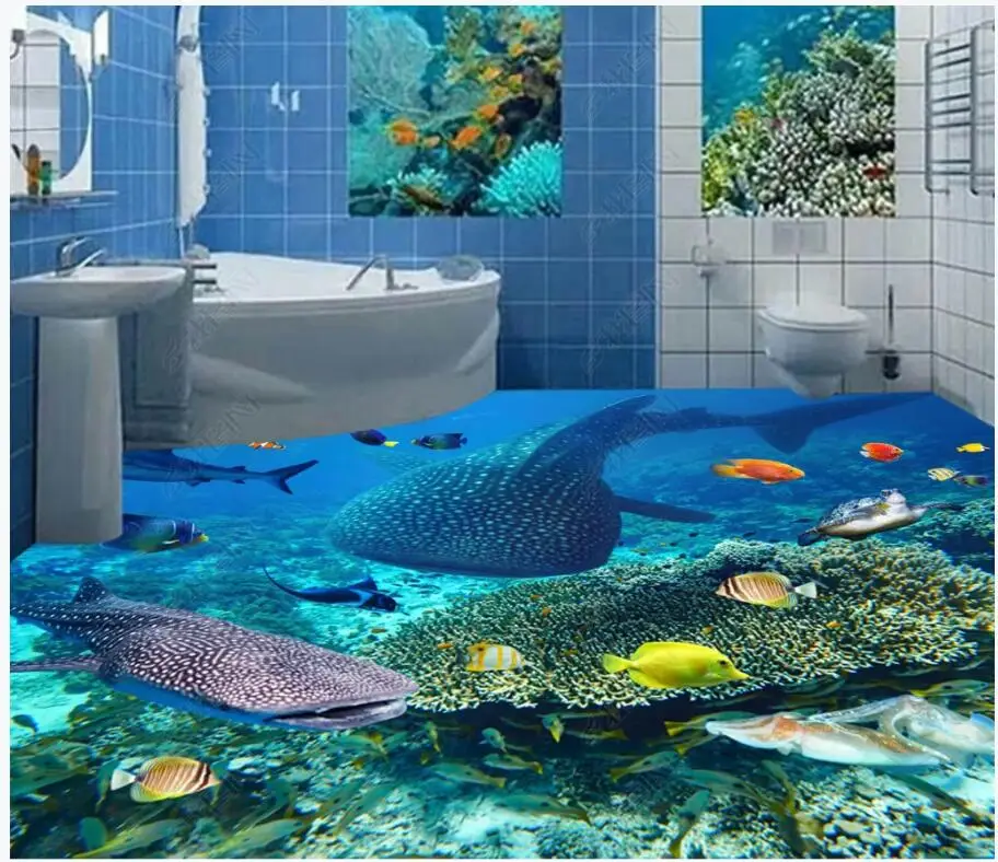 

Custom photo 3d flooring Self-adhesive vinyl wallpaper Underwater world sharks dolphins algae corals home decor murals wallpaper