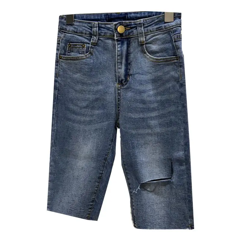 2021 Summer Denim Shorts Knee Ripped Hole Cut And Worn Elastic Slim Fit 5-point Denim Pant
2021 Summer Denim Shorts Knee Ripped Hole Cut And Worn Elastic Slim Fit 5-point Denim Pant