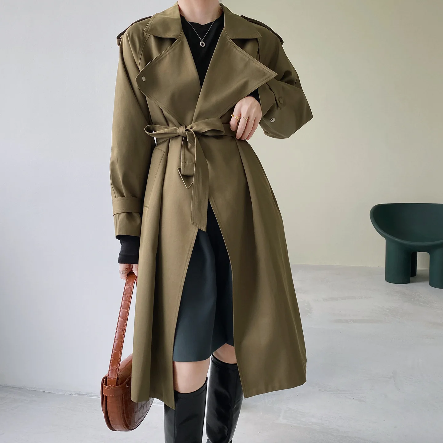 

Mid-Length Trench Coat Women Autumn Turn-Down Trenchs Casual Khaki Solid Long Sleeve Loose Coats Belt British Style Windbreaker