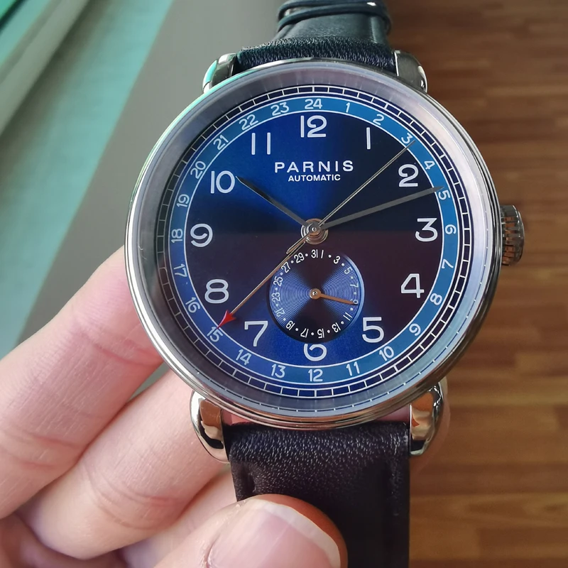 

Fashion Parnis 42mm Blue Dial GMT Automatic Mechanical Mens Watch Leather Band Calendar Relojes Para Hombre Marca De Lujo 2020