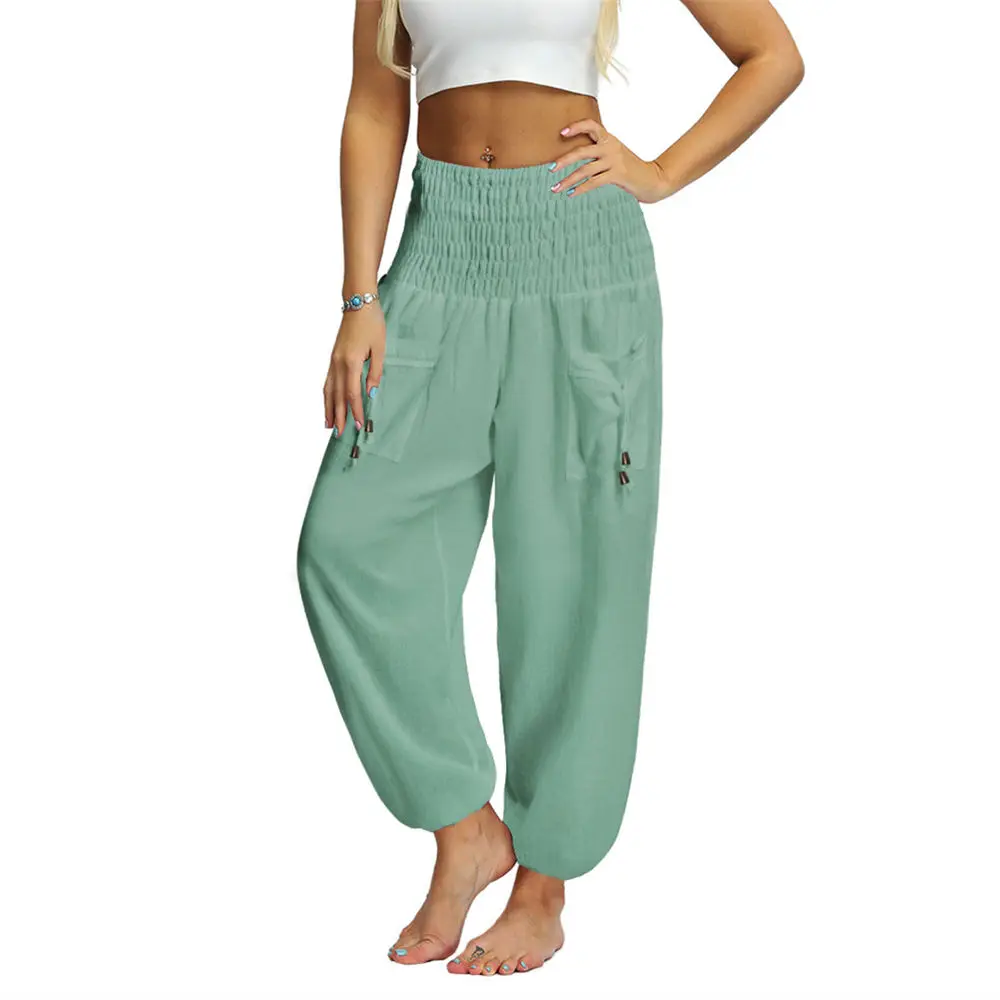 

Women Summer Sarouel Loose Harem Pants Stacked High Waist Drawstring Pocket Sweatpants Lady Yoga Fitness Jogger Trousers