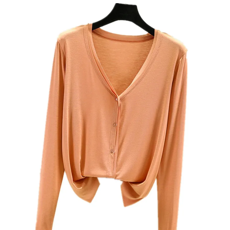 Modal V-neck cardigan with long sleeve backing and women solid color sunscreen coat 3001 41
Modal V-neck cardigan with long sleeve backing and women solid color sunscreen coat 3001 41