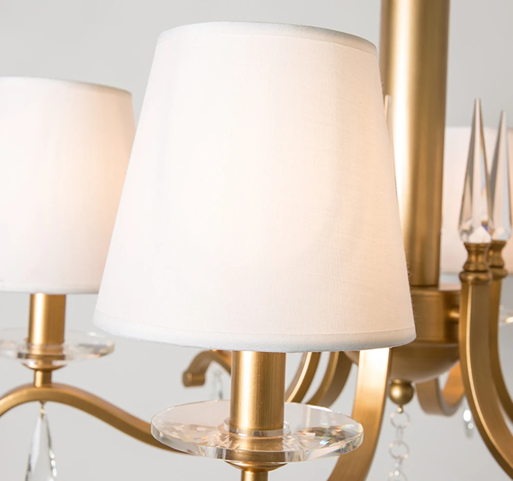 New European style gold chandelier crystal lighting white fabric lampshade chandeliers LED lights for home
New European style gold chandelier crystal lighting white fabric lampshade chandeliers LED lights for home