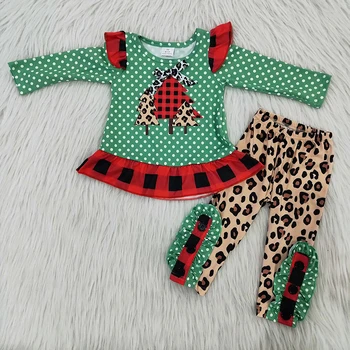 Christmas Tree Tunic top And Ruffle Pants Kids Long Sleeve Clothes Girl Winter High Quality Outift With Leopard Toddler 2Pieces