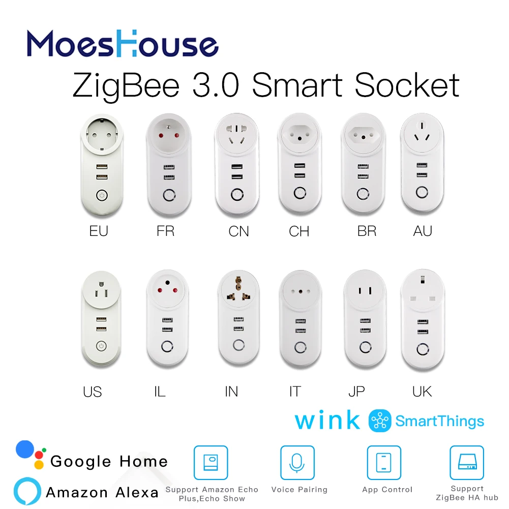 

ZigBee 3.0 Smart Socket Plug with 2 USB Interface Remote Voice Control Work with SmartThings Wink Echo Plus and Most Zigbee Hub
