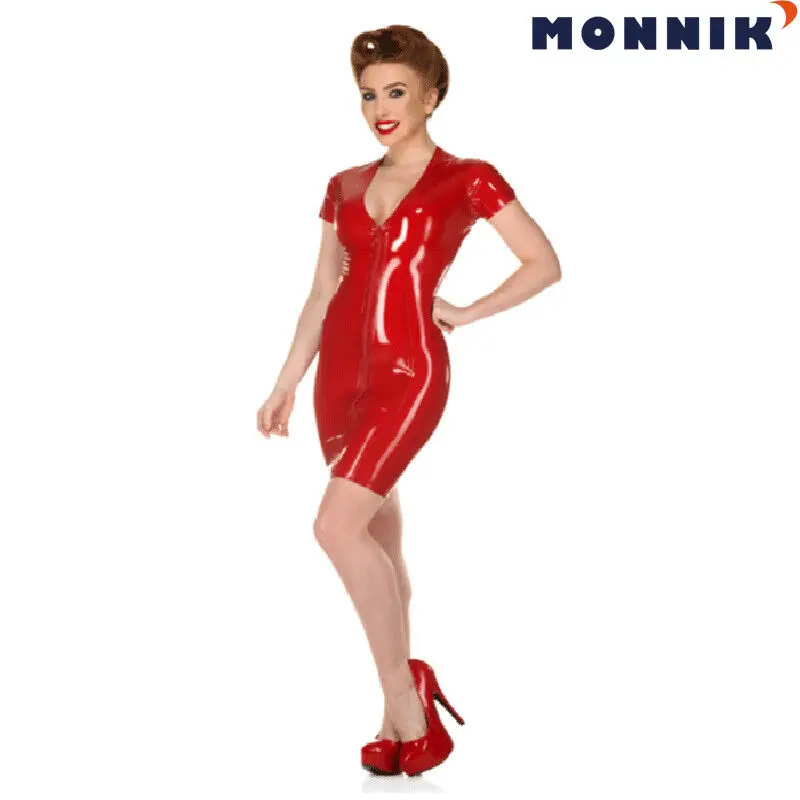 MONNIK латексное сексуальное платье с v-образным вырезом и молнией спереди Gummi 0,4 мм для клубной одежды