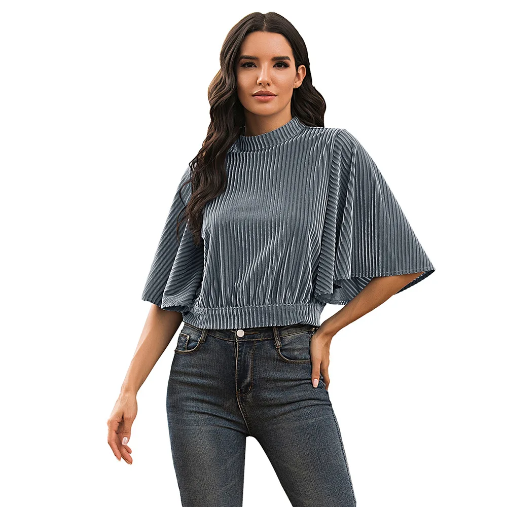 Spring and autumn women's new style stand-up collar open belly button sexy short flared sleeve T-shirt top
Spring and autumn women's new style stand-up collar open belly button sexy short flared sleeve T-shirt top