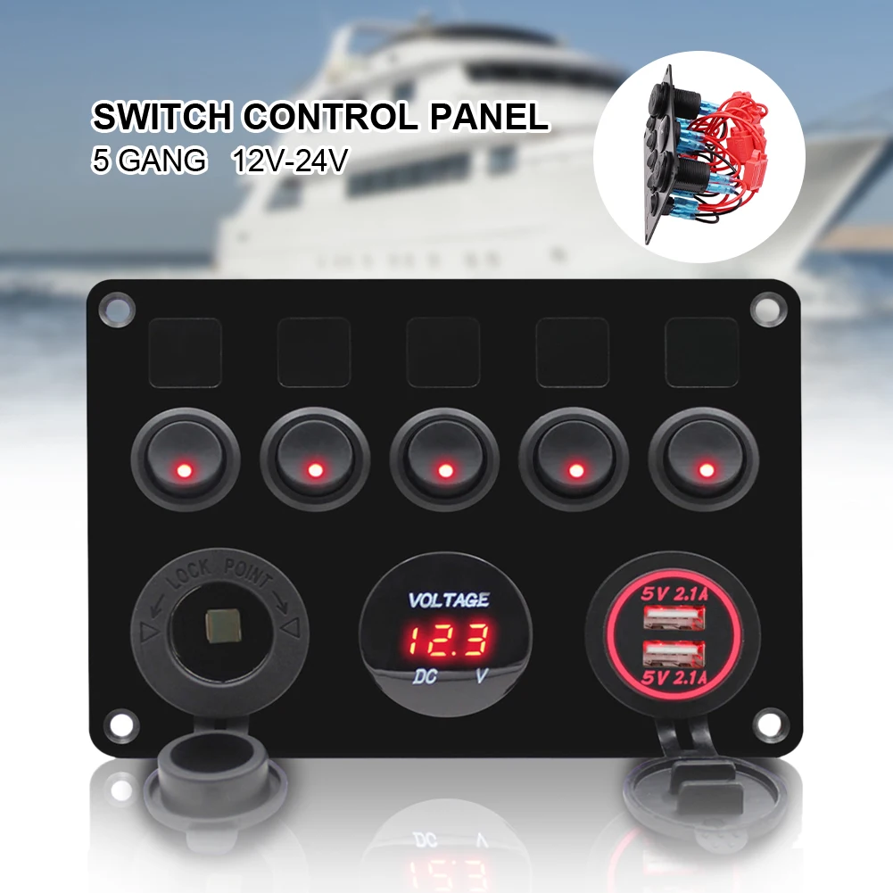 5 Gang Rocker Switch Panel 12-24V 4.2A Dual USB Charger 12V Outlet Digital Voltmeter Toggle Switch Panel for Boat Camper RV
5 Gang Rocker Switch Panel 12-24V 4.2A Dual USB Charger 12V Outlet Digital Voltmeter Toggle Switch Panel for Boat Camper RV