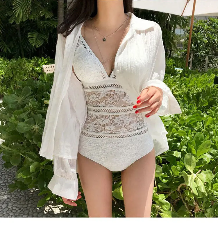 Swimsuit women's one-piece sexy open back gathered swimsuit lace covered swimsuit