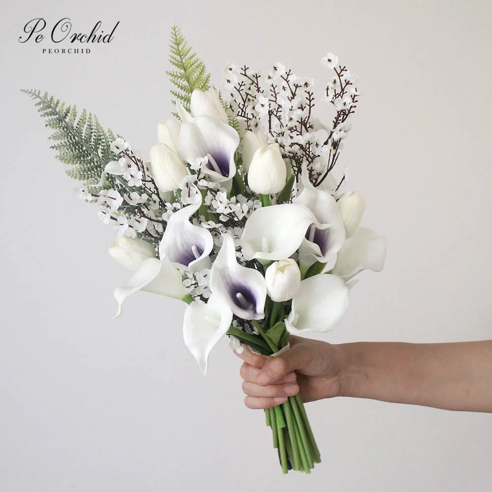 

PEORCHID Korean Style Calla Lily Ivory&Purple Wedding Bouquet De fleur Artificial Bridesmaid flower Bouquet Bridal Ramo De Novia