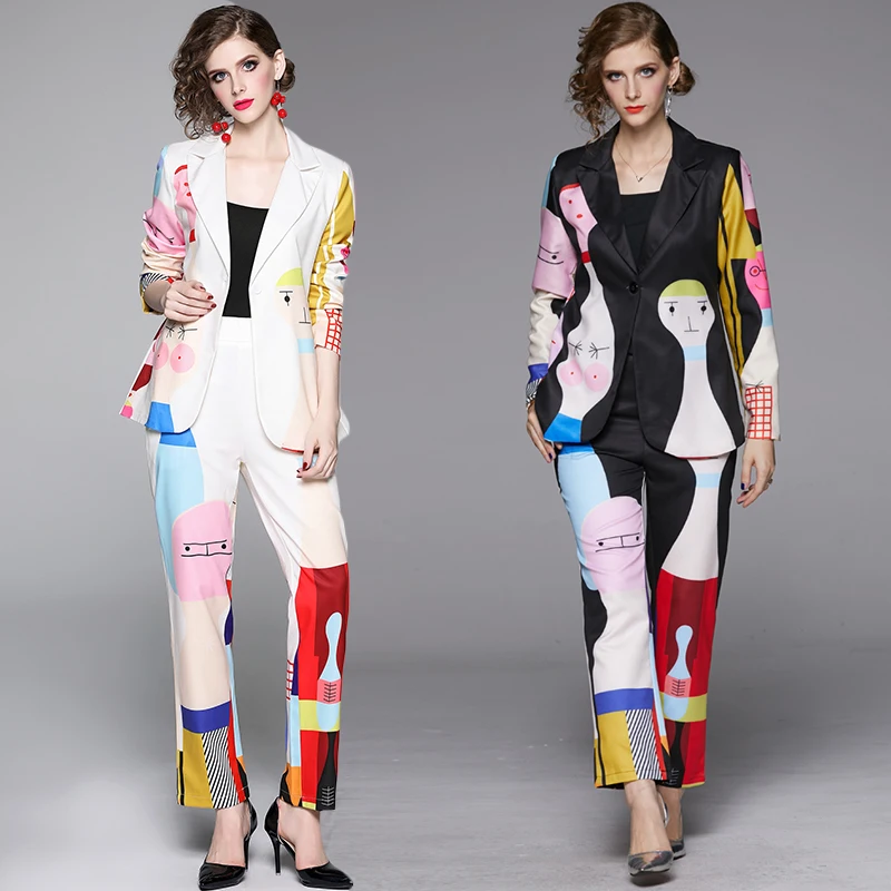 Runway Cartoon Print Women Pant Suit Casual Notched Blazer Jacket+Elastic Waist Pocket Pant Autumn Office Lady 2pcs clothes Set
Runway Cartoon Print Women Pant Suit Casual Notched Blazer Jacket+Elastic Waist Pocket Pant Autumn Office Lady 2pcs clothes Set