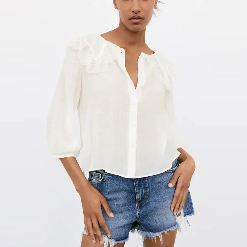 Женская кружевная блузка Za, белая винтажная блузка с пышными рукавами и рюшами, на пуговицах, лето 2021
Женская кружевная блузка Za, белая винтажная блузка с пышными рукавами и рюшами, на пуговицах, лето 2021