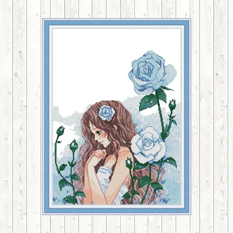 Maiden и Blue Rose считает вышивку крестом цветы 14CT 11CT Aida ткань печать на холсте DMC DIY