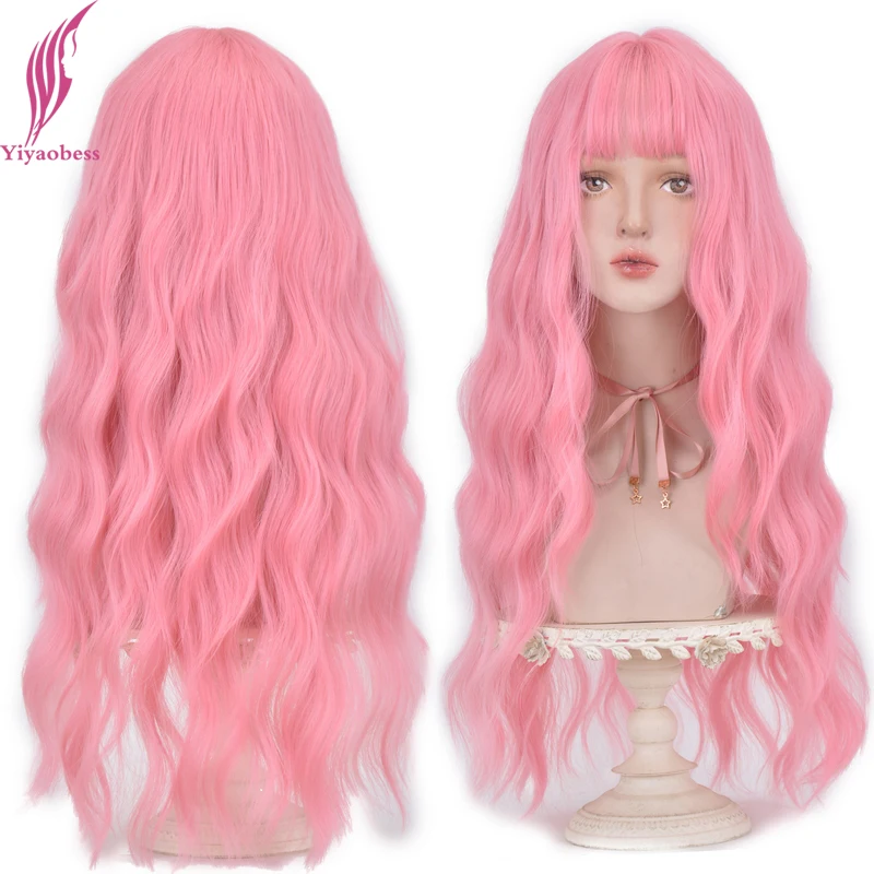 

Yiyaobess 26inch Long Wavy Cosplay Wig With Bangs Pink Purple Brown Red Grey Ombre Synthetic Lolita Hair Party Wigs For Women