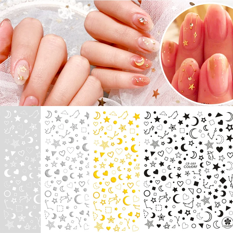 Nail Art Sticker Black Gold Moon DIY Sticker White Silver Nail Decals Design Back Glue Stars Constellation Decoration Sticker
Nail Art Sticker Black Gold Moon DIY Sticker White Silver Nail Decals Design Back Glue Stars Constellation Decoration Sticker