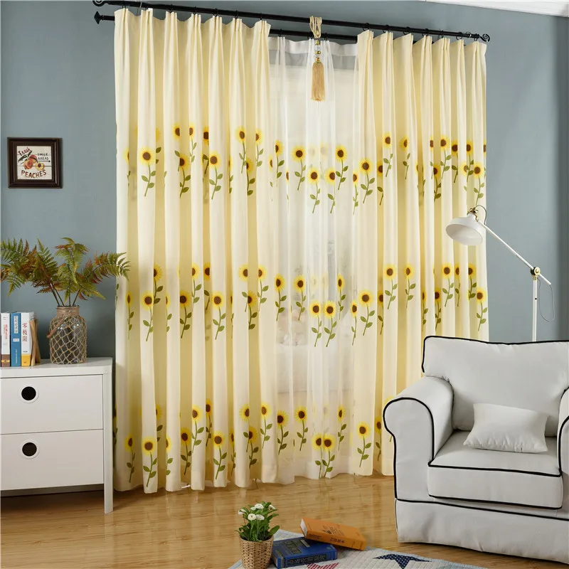 

GXI Sunflower Embroidery Kids Curtain Tulle for Living Room Kitchen Pastoral Sheer Voile for Bay Window Balcony Drapes