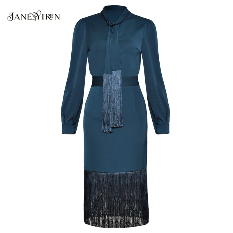 

Jianyiren Fashion Career Office Two-piece suit Spring Women Bow colla Elegant Shirt Tops+Sexy Package buttocks Tassel skirt Set