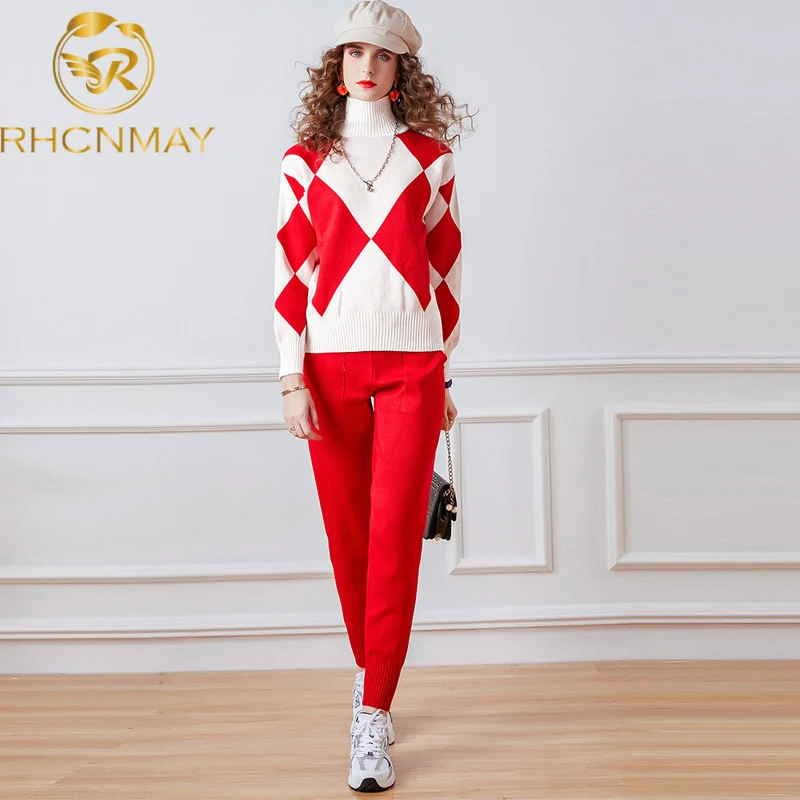 2020 Women's Long Sleeve Geometric grid Knitted Top And Solid color Pants Set Autumn and winter Clothes Knitted Two Piece Set 
2020 Women's Long Sleeve Geometric grid Knitted Top And Solid color Pants Set Autumn and winter Clothes Knitted Two Piece Set