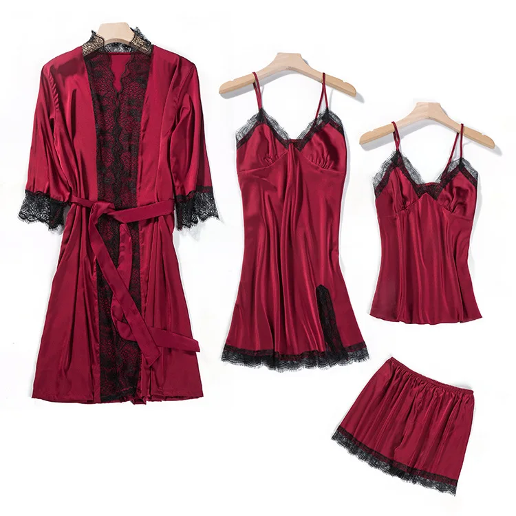 Female 4PCS Robe Sets Spring Summer Sexy Strap Top Nightdress Kimono Bathrobe Hollow Out Lace Trim Sleep Suit Lounge Home Wear
Female 4PCS Robe Sets Spring Summer Sexy Strap Top Nightdress Kimono Bathrobe Hollow Out Lace Trim Sleep Suit Lounge Home Wear