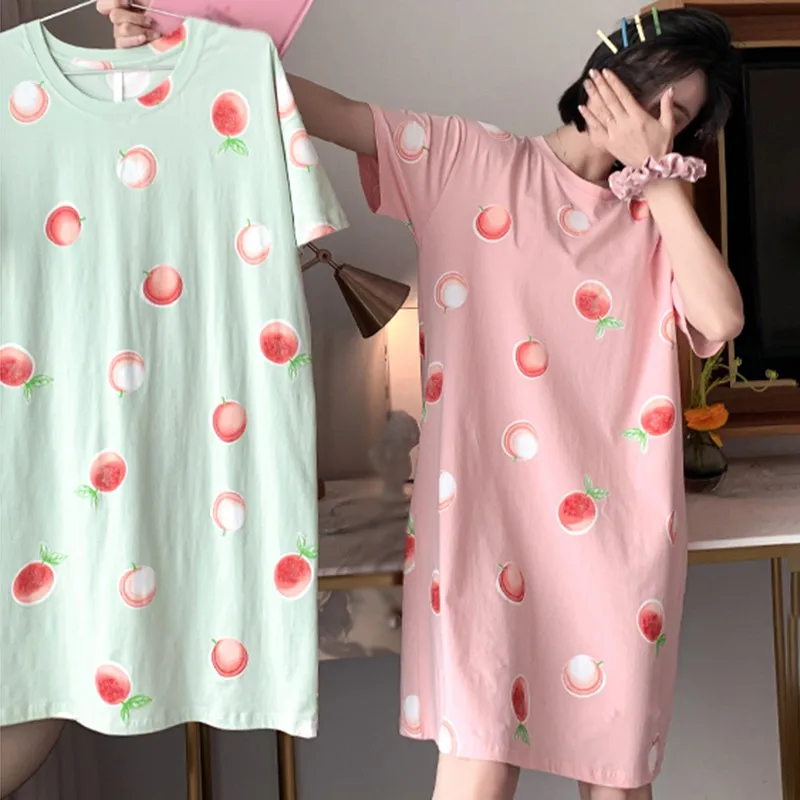 Summer Korean Women Home Wear Cute Sweet Girl Loose Fruit Print Short-Sleeved Nightdress