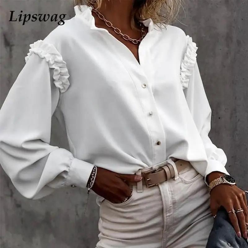 Elegant Commute Ruffle Neck Women's Blouse Autumn Single Breasted Long Sleeve White Shirt Fashion Simple Solid Lady Tops Blusas
Elegant Commute Ruffle Neck Women's Blouse Autumn Single Breasted Long Sleeve White Shirt Fashion Simple Solid Lady Tops Blusas