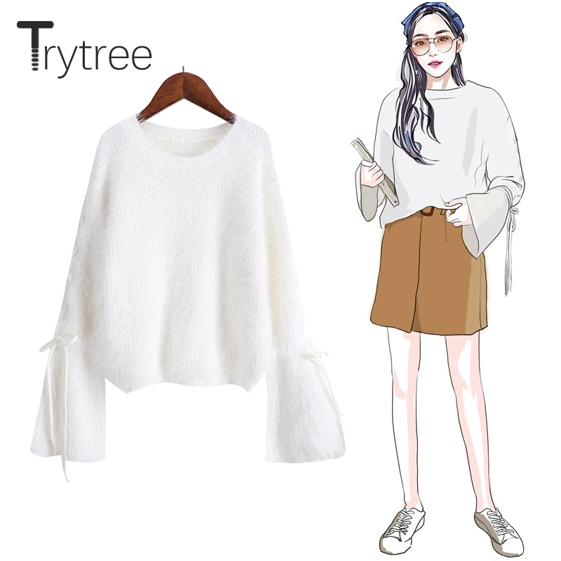 Trytree 2019 Осень Зима Женский Повседневный свитер короткий вязаный Однотонный