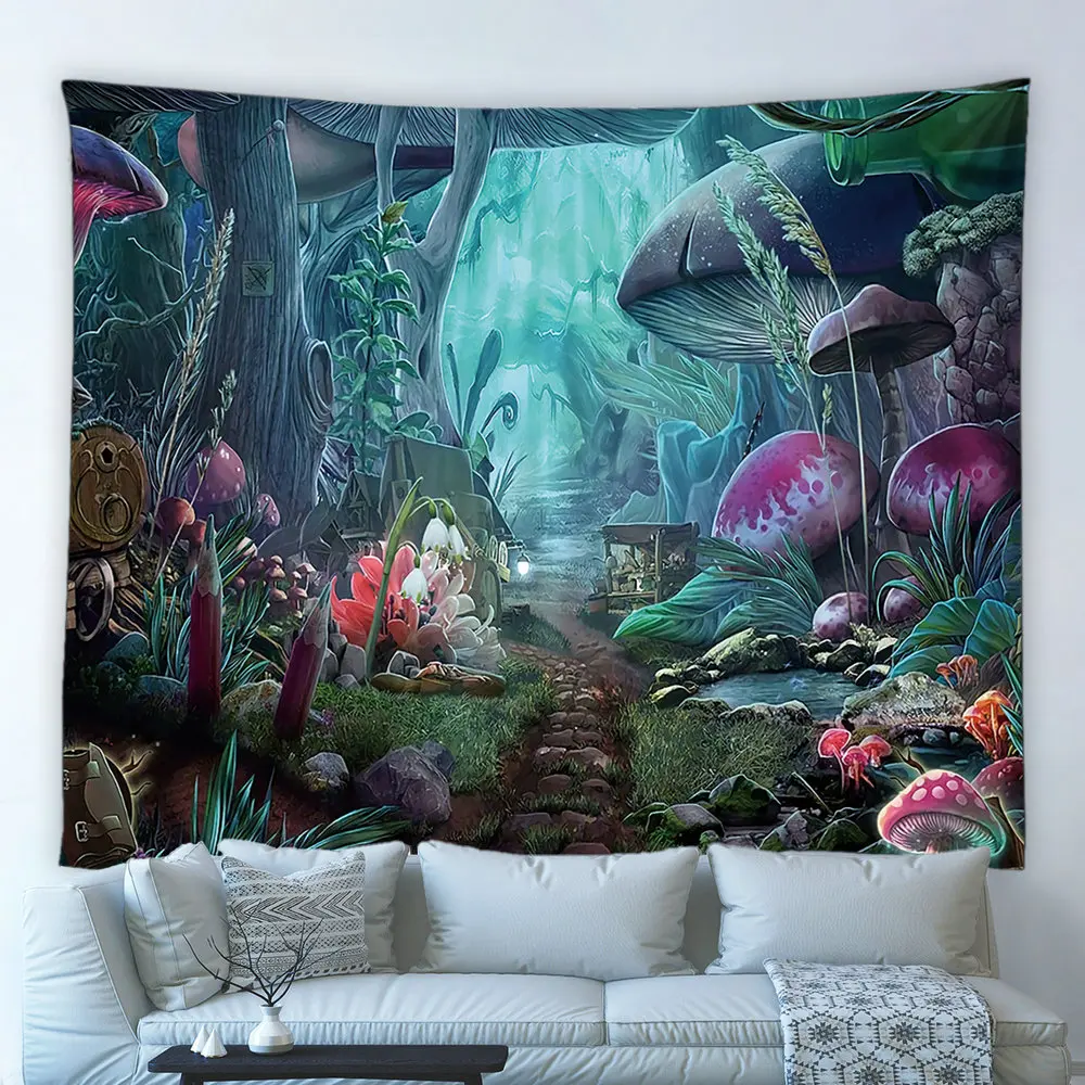

Психоделический гобелен сказочный лес грибы растения цветы мультфильм хиппи Настенный декор для детской спальни одеяло скатерть