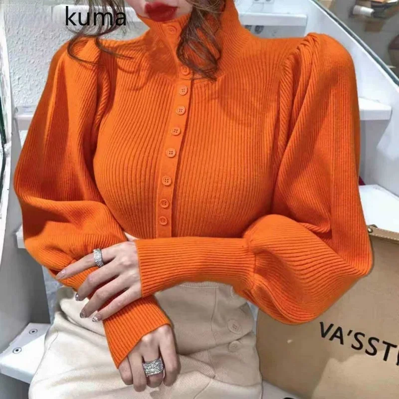2021 Spring Sweater Coat Korean Puff Long Sleeve Women Knitwear New Single Breasted Turtleneck Knitted Cardigan 
2021 Spring Sweater Coat Korean Puff Long Sleeve Women Knitwear New Single Breasted Turtleneck Knitted Cardigan