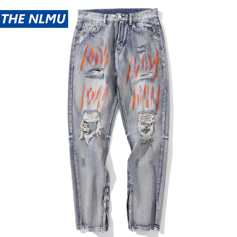 

Мужские джинсы скинни в стиле хип-хоп, с принтом граффити, рваные, рваные, с дырками, джинсовые штаны, зауженные, повседневные брюки WY463