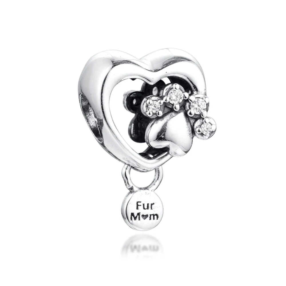 

QANDOCCI Fits Pandora Bracelet 925 Sterling Silver Sparkling Paw Print & Heart Charm Beads Jewelry for Women Men DIY Making