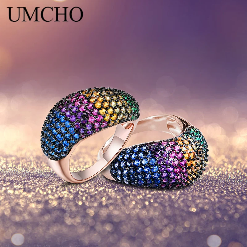 

UMCHO 2020 Brand Jewelry Colorful Inlay Cubic Zirconia 925 Sterling Silver Ring For Women Wedding Banquet Fine Jewelry-C0430