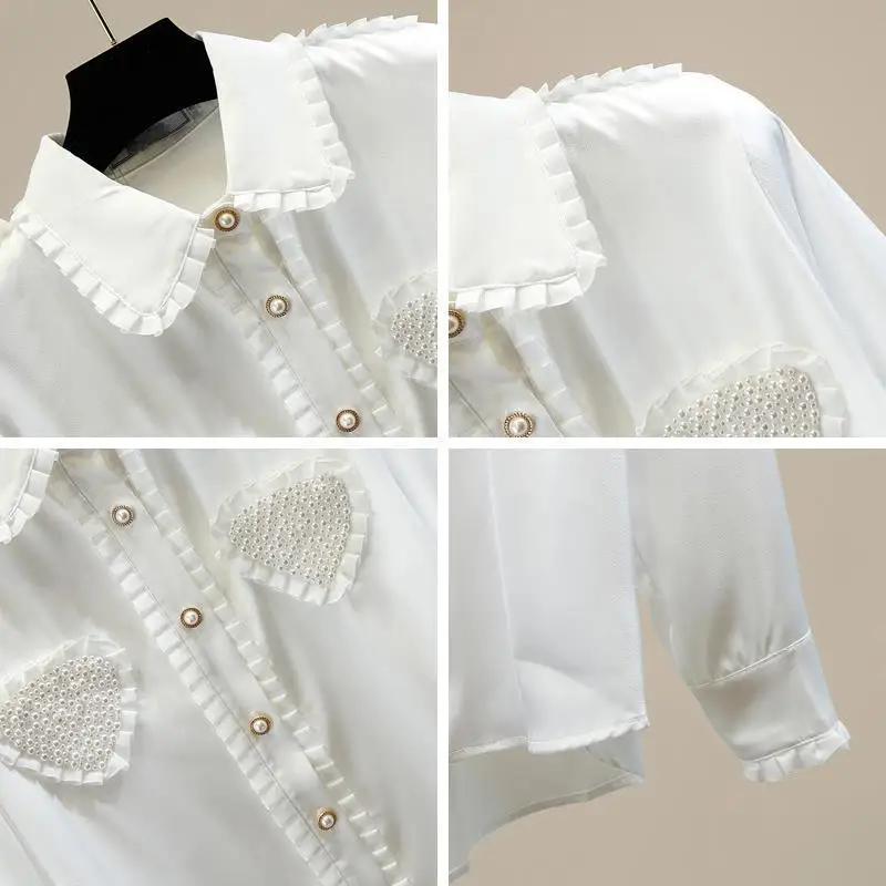 2021 Spring Fall Love Beaded Pleated Lace Stitching Female Shirt Sweet Doll Collar Irregular Top Long Sleeve Satin Simple Blouse
2021 Spring Fall Love Beaded Pleated Lace Stitching Female Shirt Sweet Doll Collar Irregular Top Long Sleeve Satin Simple Blouse