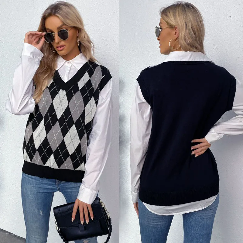 Casual Black Plaid Women Vest V-neck Knitted Vest Jacket 2021 Autumn Women's Pullover Vest Sleeveless Waistcoat for Outerwear
Casual Black Plaid Women Vest V-neck Knitted Vest Jacket 2021 Autumn Women's Pullover Vest Sleeveless Waistcoat for Outerwear