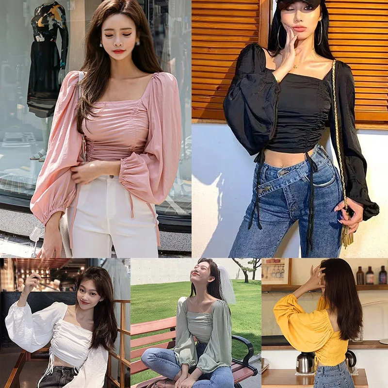 Women Blouses Korean Solid Color Square Collar Blouse Drawstring Pleated Umbilical Lantern Long Sleeve Shirt Top Vetements Femme
Women Blouses Korean Solid Color Square Collar Blouse Drawstring Pleated Umbilical Lantern Long Sleeve Shirt Top Vetements Femme