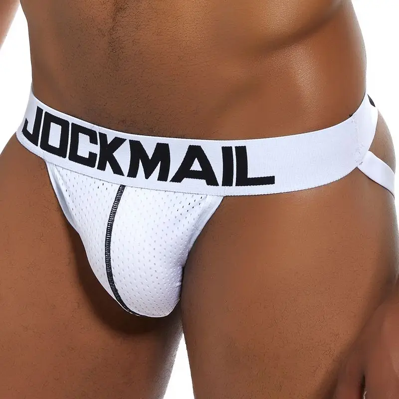 

JOCKMAIL Brand Men Mesh Jockstrap Underwear/G-Strings & Thongs Sexy Gay Underwear Exposed buttocks Hollow sissy penis pouch Fun