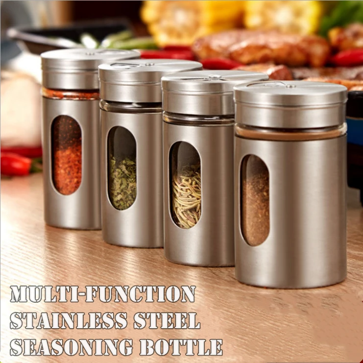 Stainless Steel Spice jars Seasoning Cans rotate cover Salt pepper shakers toothpick condiment storage bottle kitchen spice rack
Stainless Steel Spice jars Seasoning Cans rotate cover Salt pepper shakers toothpick condiment storage bottle kitchen spice rack