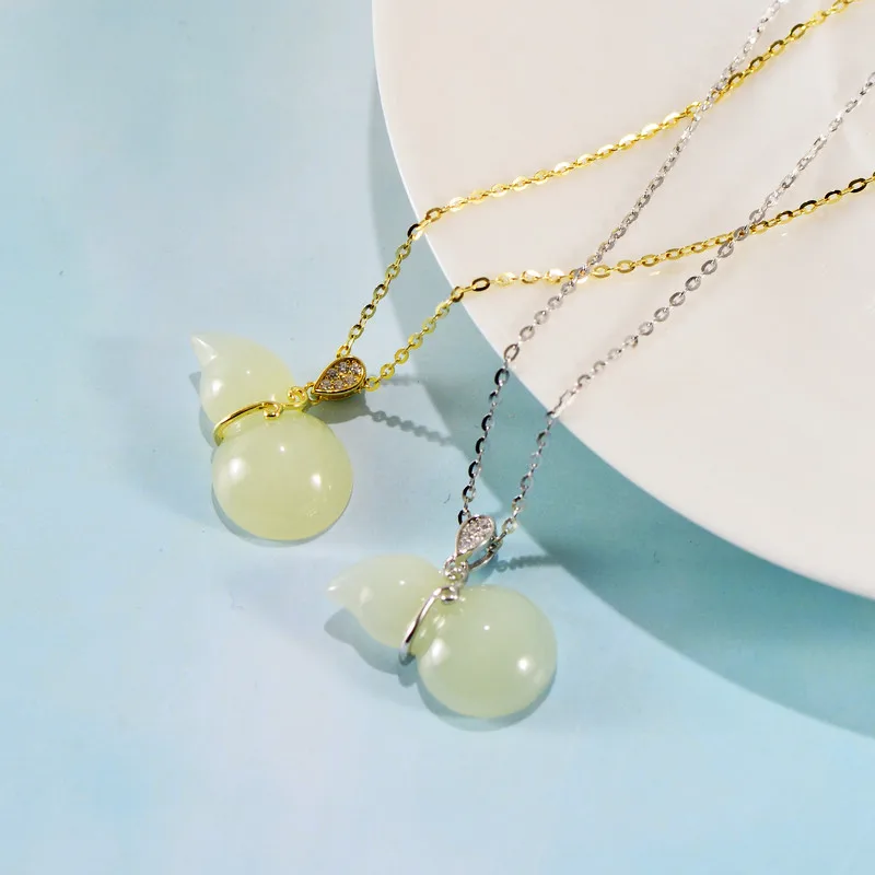 

Natural Hotan Jade Gourd Simple Temperament Personality Necklace MeiBaPJ 925 Sterling Silver Gold Plating Exquisite Gift Jewelry