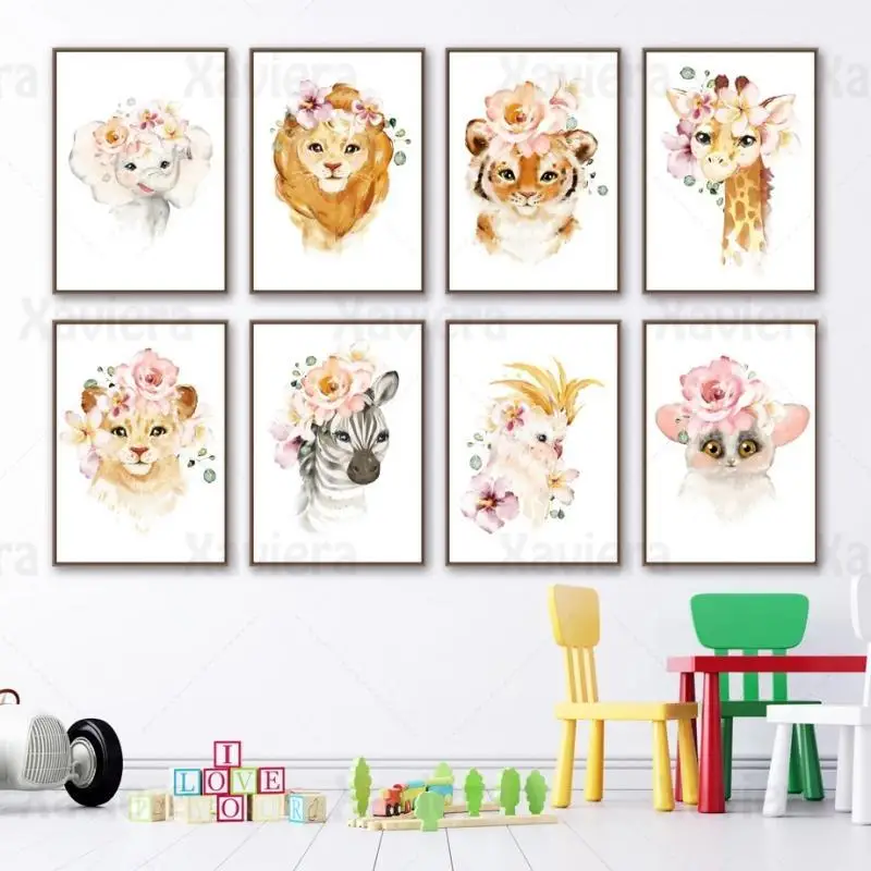 

Cute Cartoon Animal Flower Crown Poster Nordic Nursery Wall Art Kindergarten Children Room Decoration Watercolor Canvas Painting