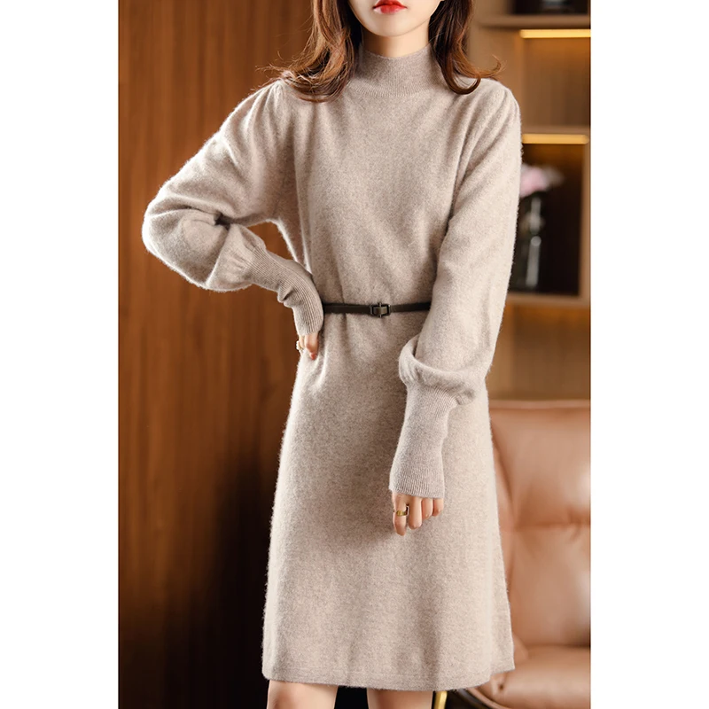 Elegant warm half-high collar ladies knit sweater wool dress full-sleeved loose waist women's knitted skirt autumn and winter
Elegant warm half-high collar ladies knit sweater wool dress full-sleeved loose waist women's knitted skirt autumn and winter