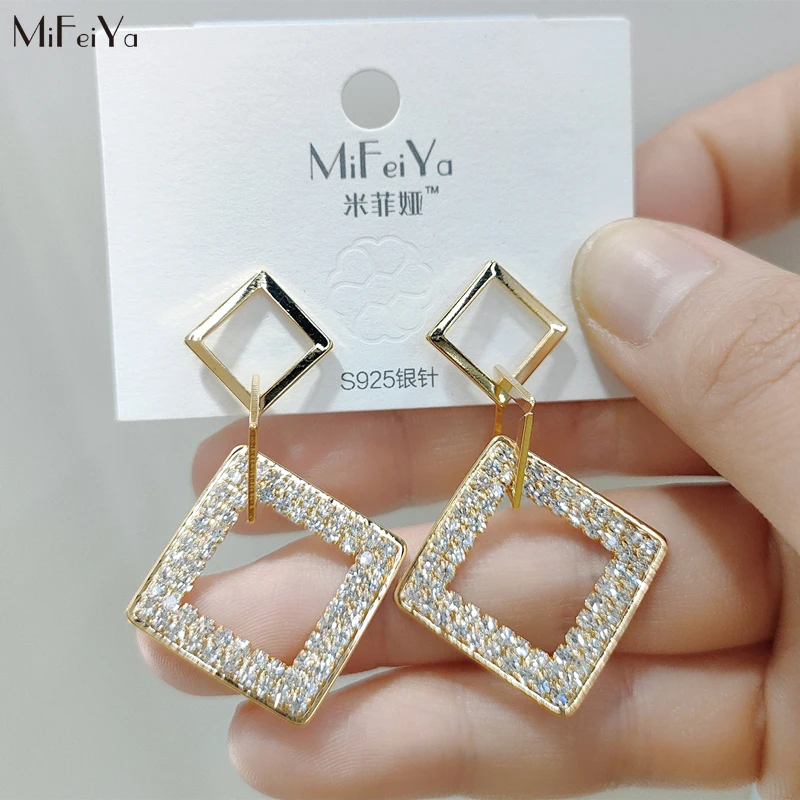 

MFY Korean earrings female simple geometric rhombus glossy hollow inlaid zircon earrings fashion girl birthday party earrings