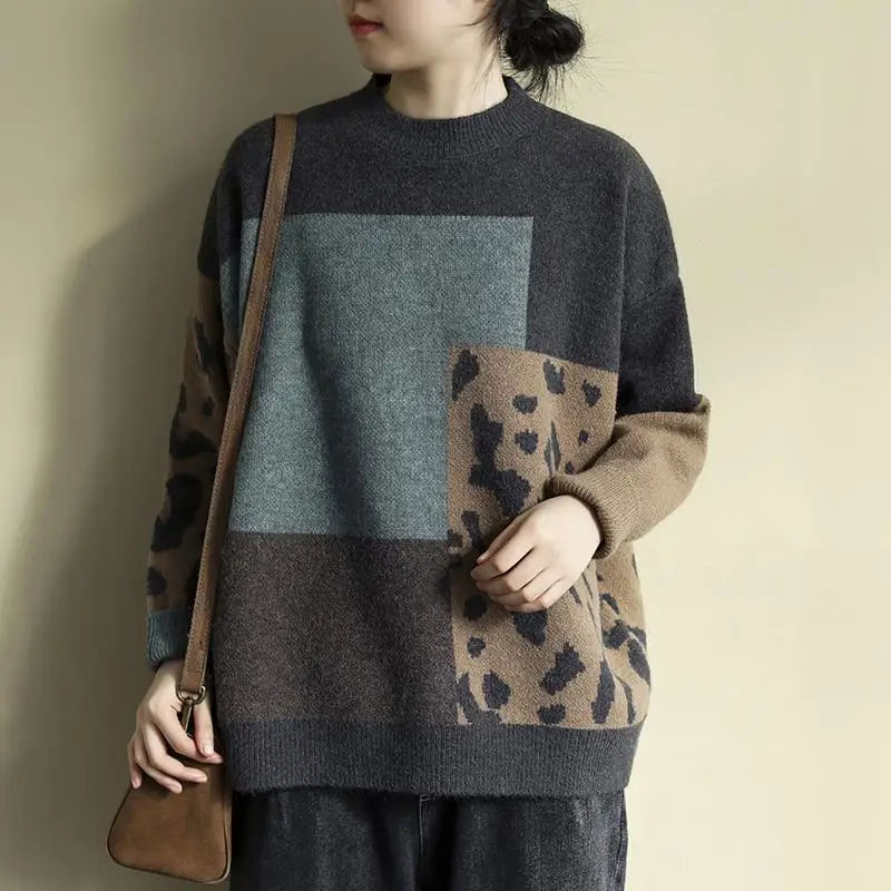 Vintage Patchwork Leopard Knitted Women Sweater Pullovers Oversized Loose O-Neck Thicken Warm Female Pulls Outwear Tops
Vintage Patchwork Leopard Knitted Women Sweater Pullovers Oversized Loose O-Neck Thicken Warm Female Pulls Outwear Tops