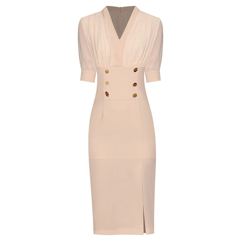 Однотонное черное/бежевое офисное платье с золотыми пуговицами и v-образным вырезом, облегающее платье до колена с Боковым Разрезом
Однотонное черное/бежевое офисное платье с золотыми пуговицами и v-образным вырезом, облегающее платье до колена с Боковым Разрезом